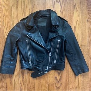 AllSaints Cropped Black Leather Motorcycle Jacket